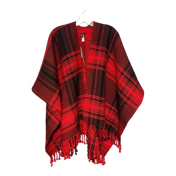 Talbots Woven Fringe Ruana Wrap Scarf Red Pop Multi Plaid Reversible 44" x 55" - Picture 4 of 8